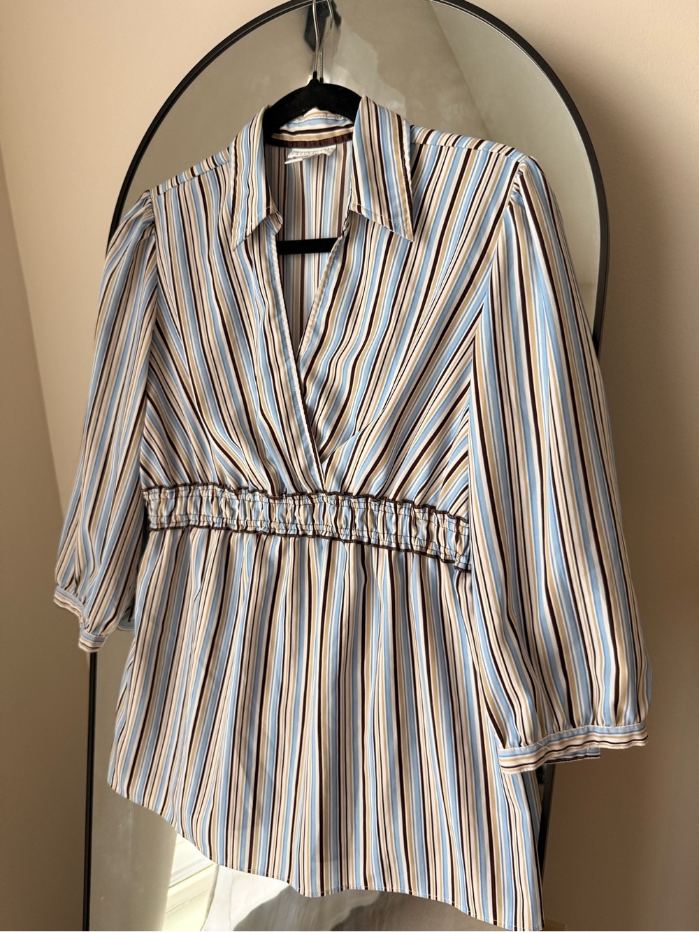 Motherhood Maternity Striped V-Neck Tunic in Blue Tan White